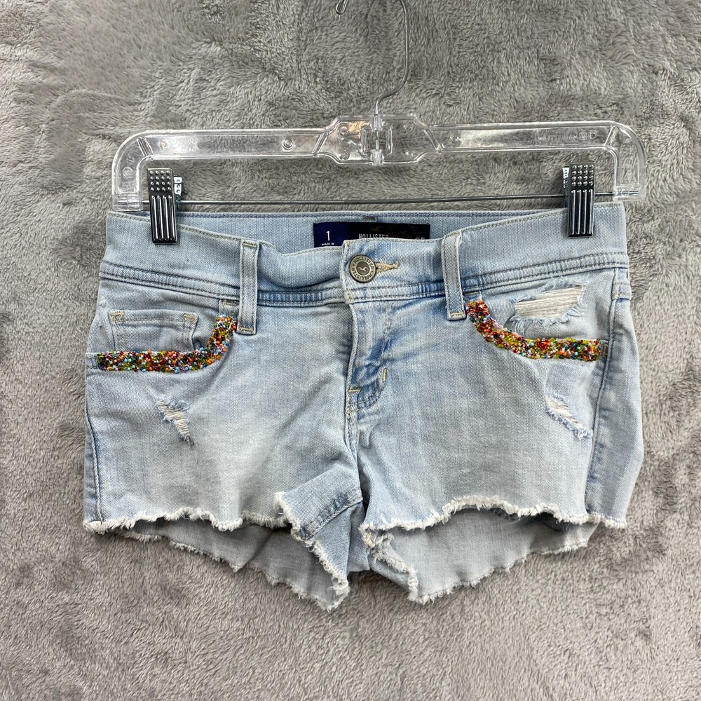Hollister Low Rise Short-Short Denim Shorts Women's 1 / 25 Light Wash Beaded